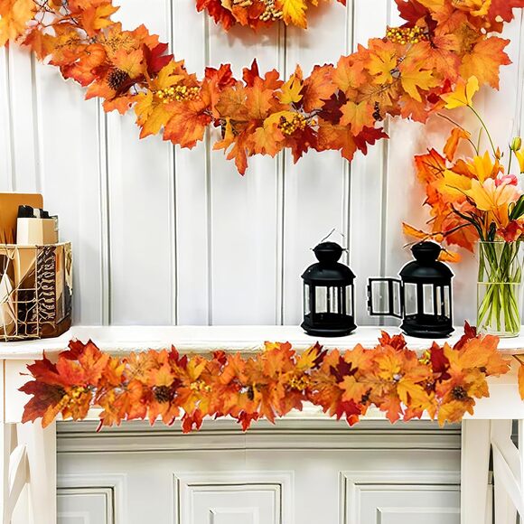 Fall Leaves Garland 2 Pack Red Maple Leaf 5.9 Ft Autumn Thanksgiving Decor - Picture 2 of 5